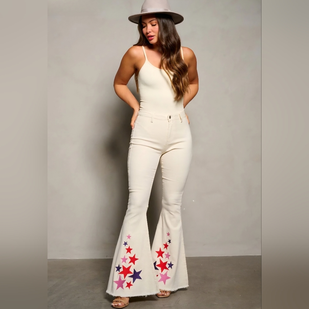 D13 Peach Love Bell Leg Star Print Cream Denim Pants Sm Md Lg